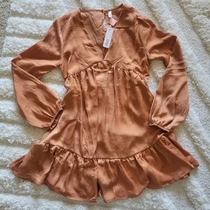 Glam Light Copper V Neck Long Sleeve Ruffle Mini Dress size Small